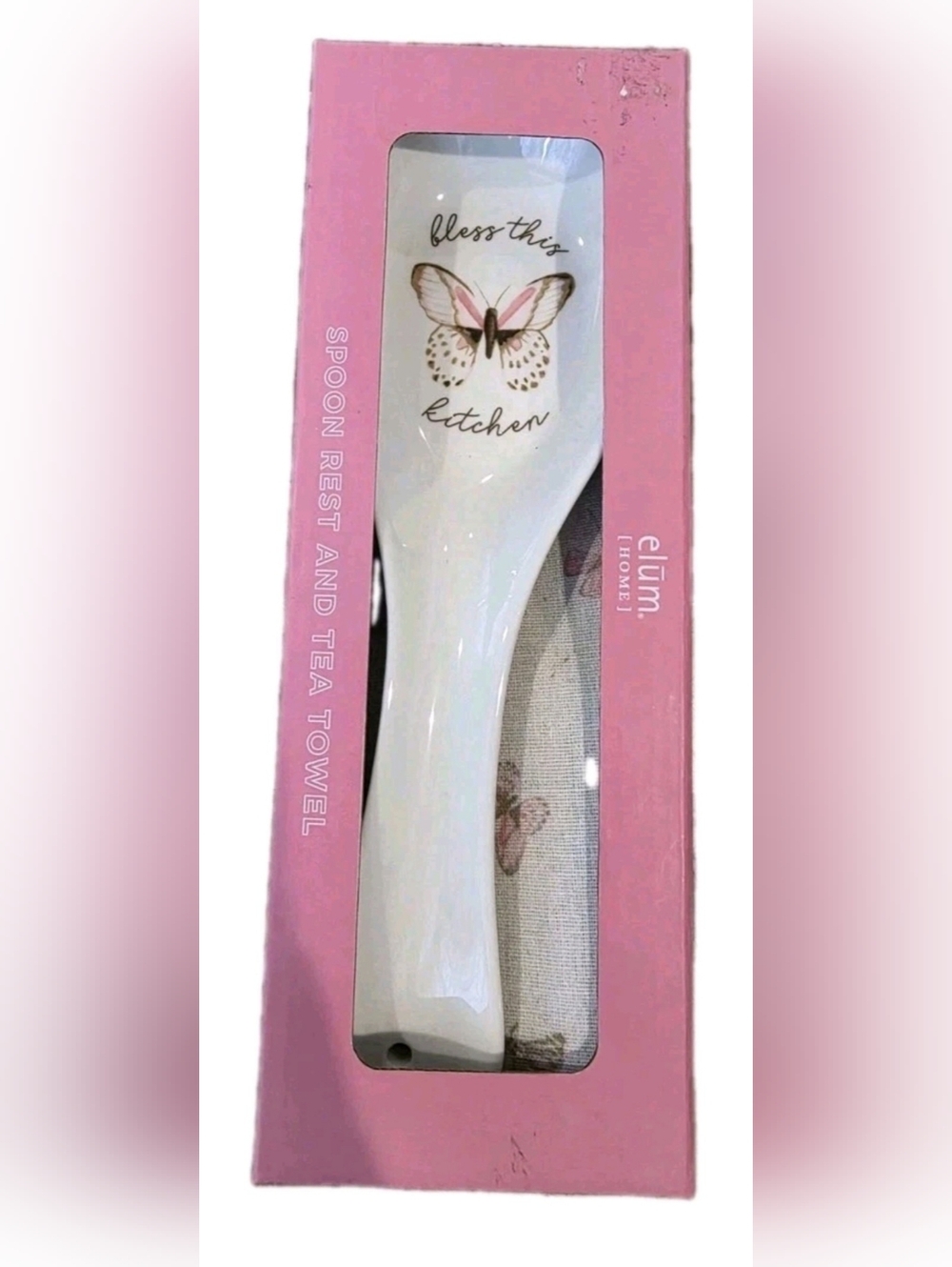 2pc Elum Home Spoon Rest & Tea Towel Set Pink Butterflies